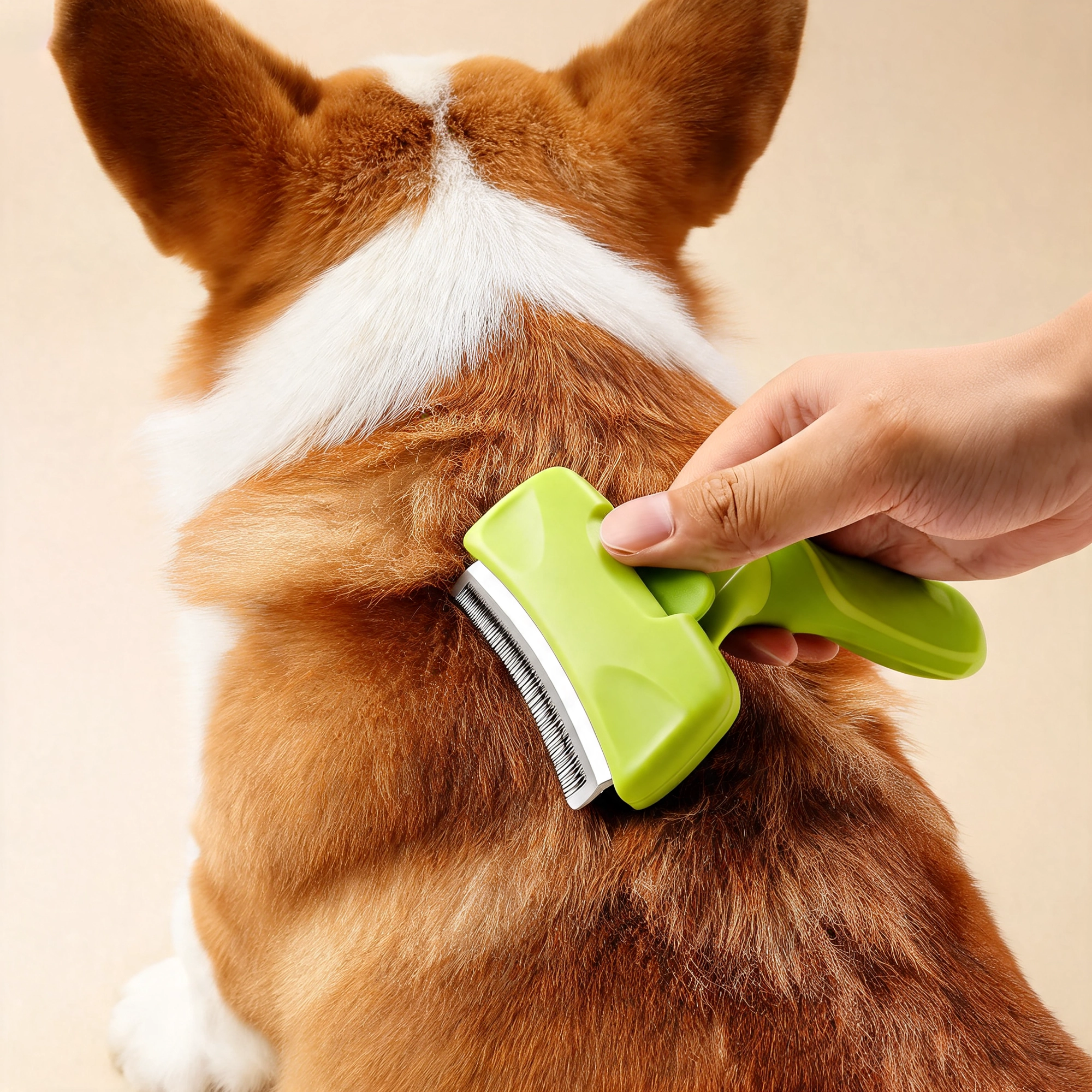 Brushing a corgi with the Patoune deshedding brush