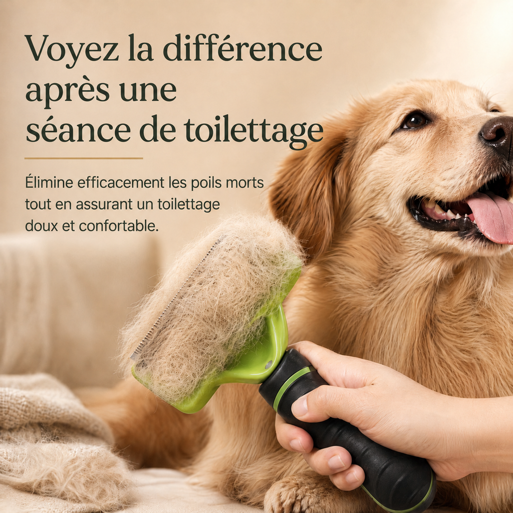 Brosse Patoune remplie de poils morts après le brossage d'un golden retriever